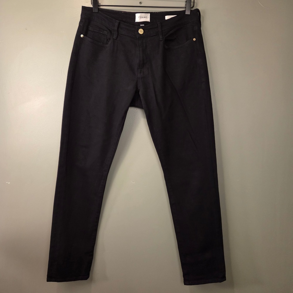Frame Women's Le Garcon Mid Rise Straight Leg Jeans Noir Black Size 28